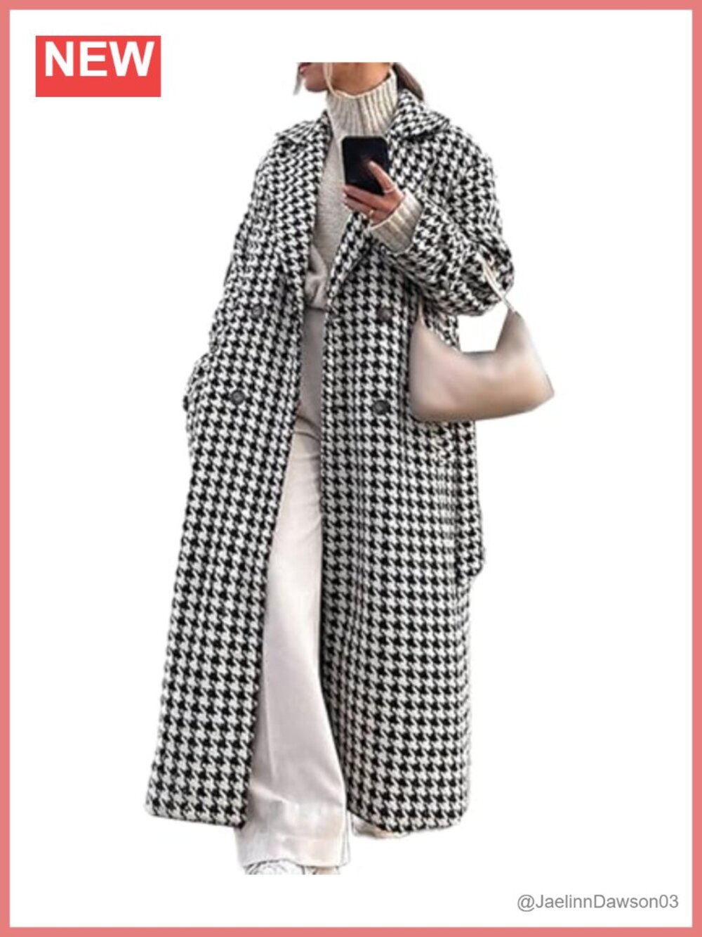 Women's Houndstooth Double Breasted Wool Blend Trench Coat with Belt